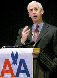 American Airlines CEO Donald Carty asks reporters, "Who am I to question Flight 251's destiny?"